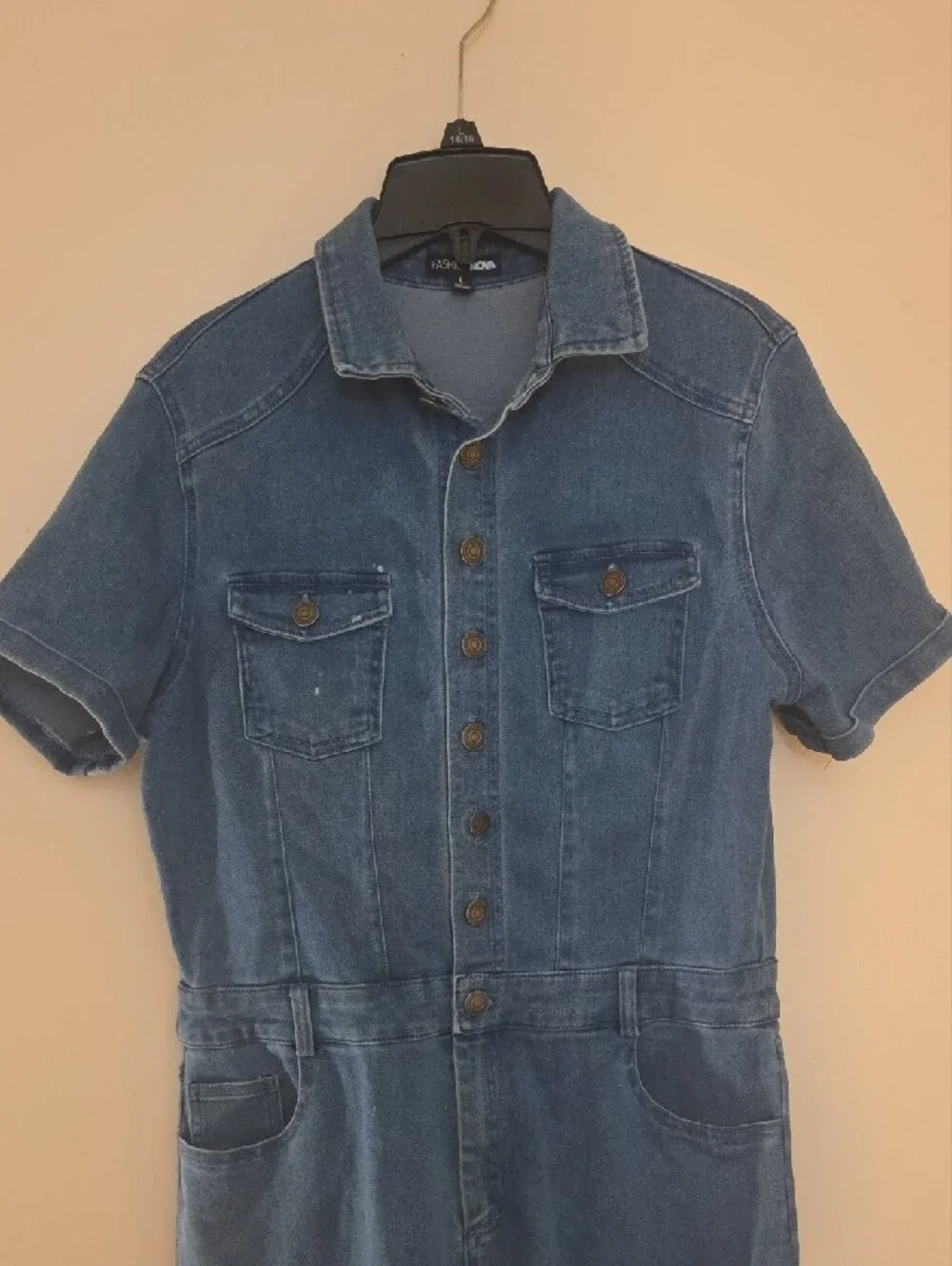 Fashion Nova Short-Sleeve Denim Jumpsuit - Medium Blue